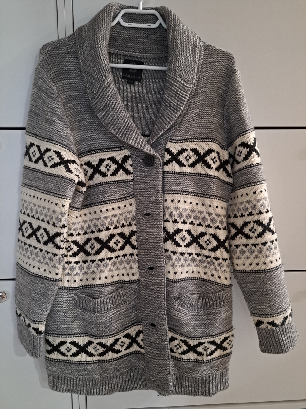 Sansara Gray & Cream Fair Isle Shawl Collar Cardigan